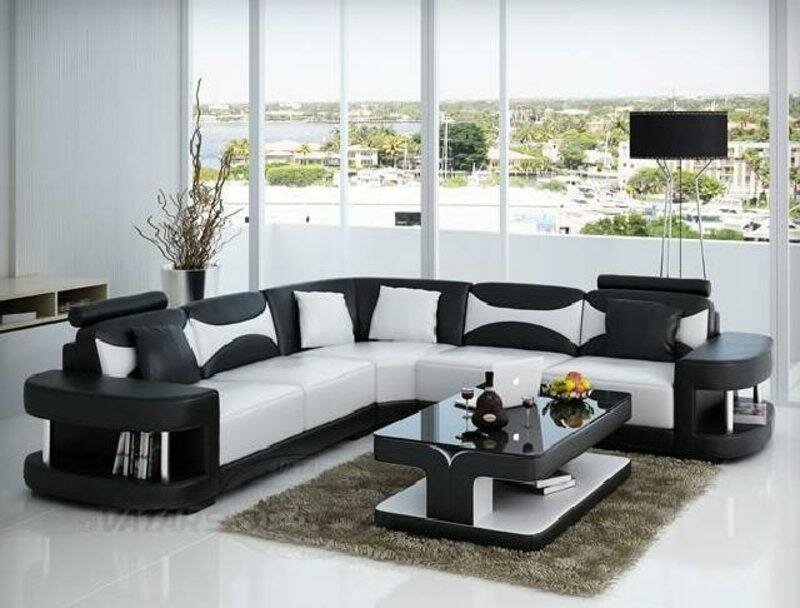 Wohnlandschaft Weiß Schwarz Sofa Polster Ecke Couch Garnitur Landschaft Leder