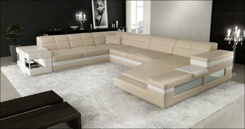Ecksofa Sofa Couch Polster Leder Garnitur Wohnlandschaft Ecke Wohn Beige PH3006