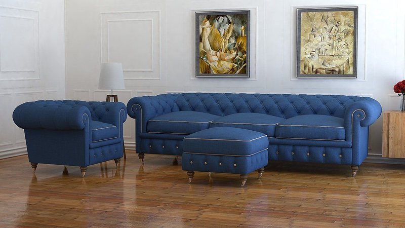 Klassische Design Polster Couch Set Chesterfield Textil Sitz Garnitur