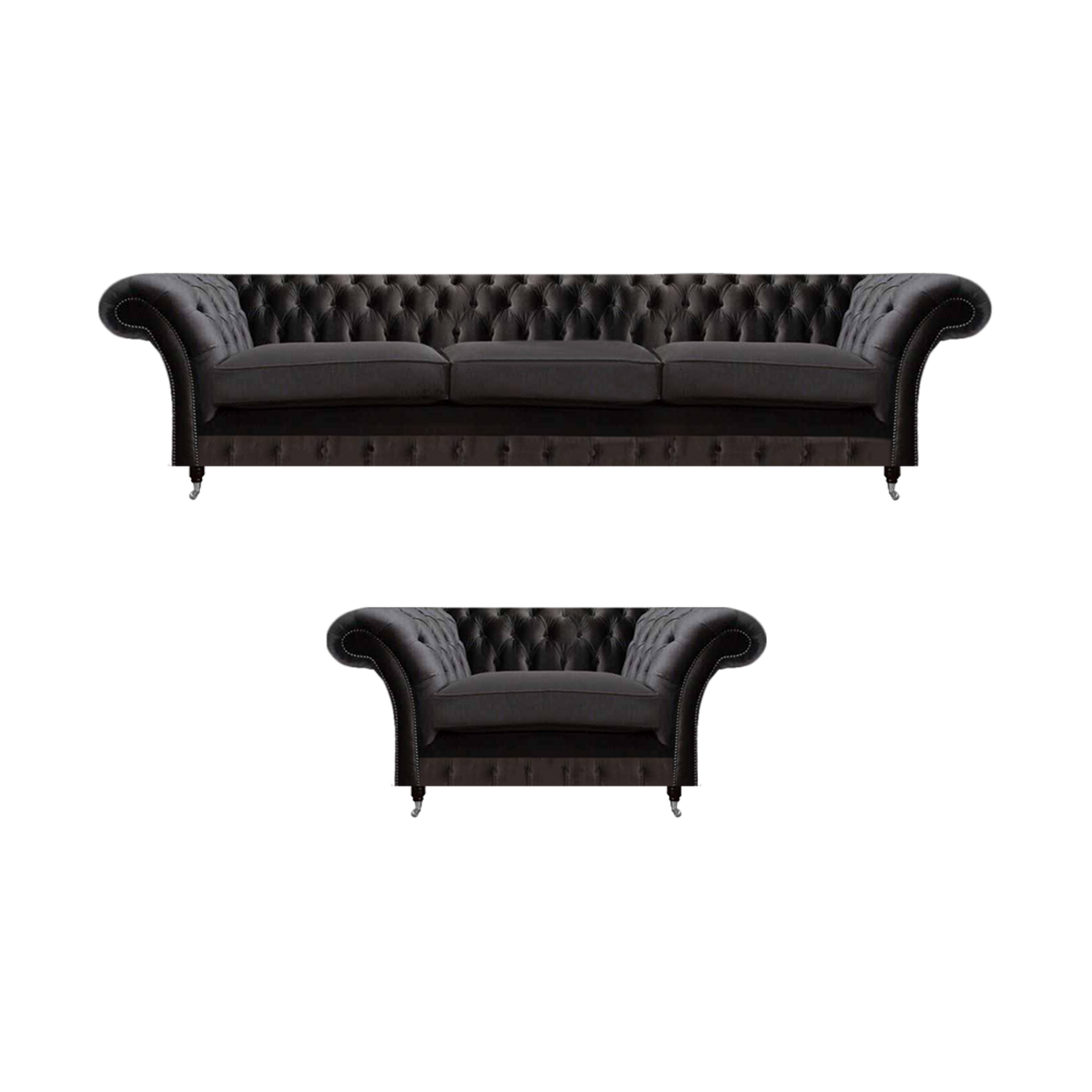 Edle Schwarze Chesterfield Garnitur Moderner Dreisitzer Textil Sessel