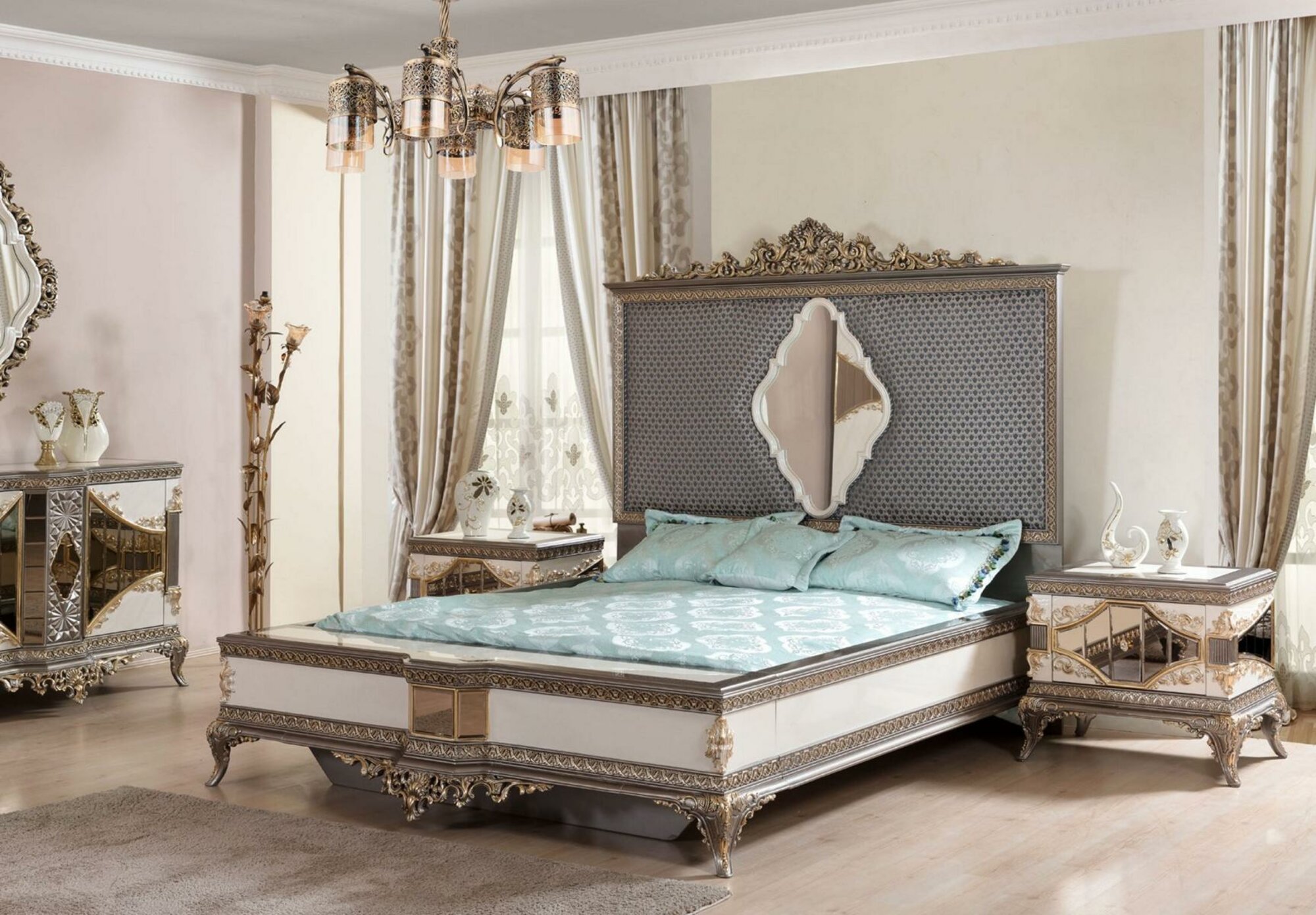 Klassische Graue Schlafzimmer Luxus Garnitur Doppelbett 2x Nachttische