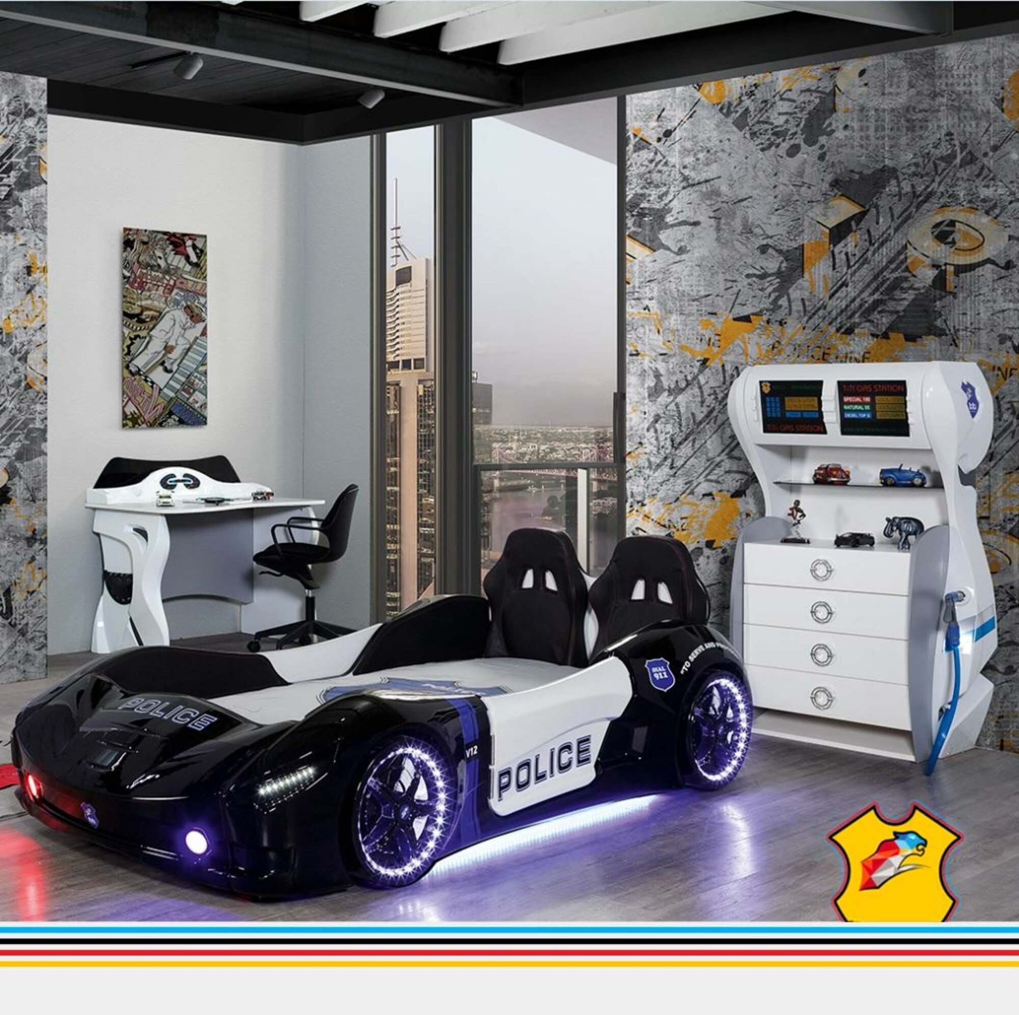 Polizei Auto Kinder Schlafzimmer Kinderbett Kommode Schreibtisch 3tlg