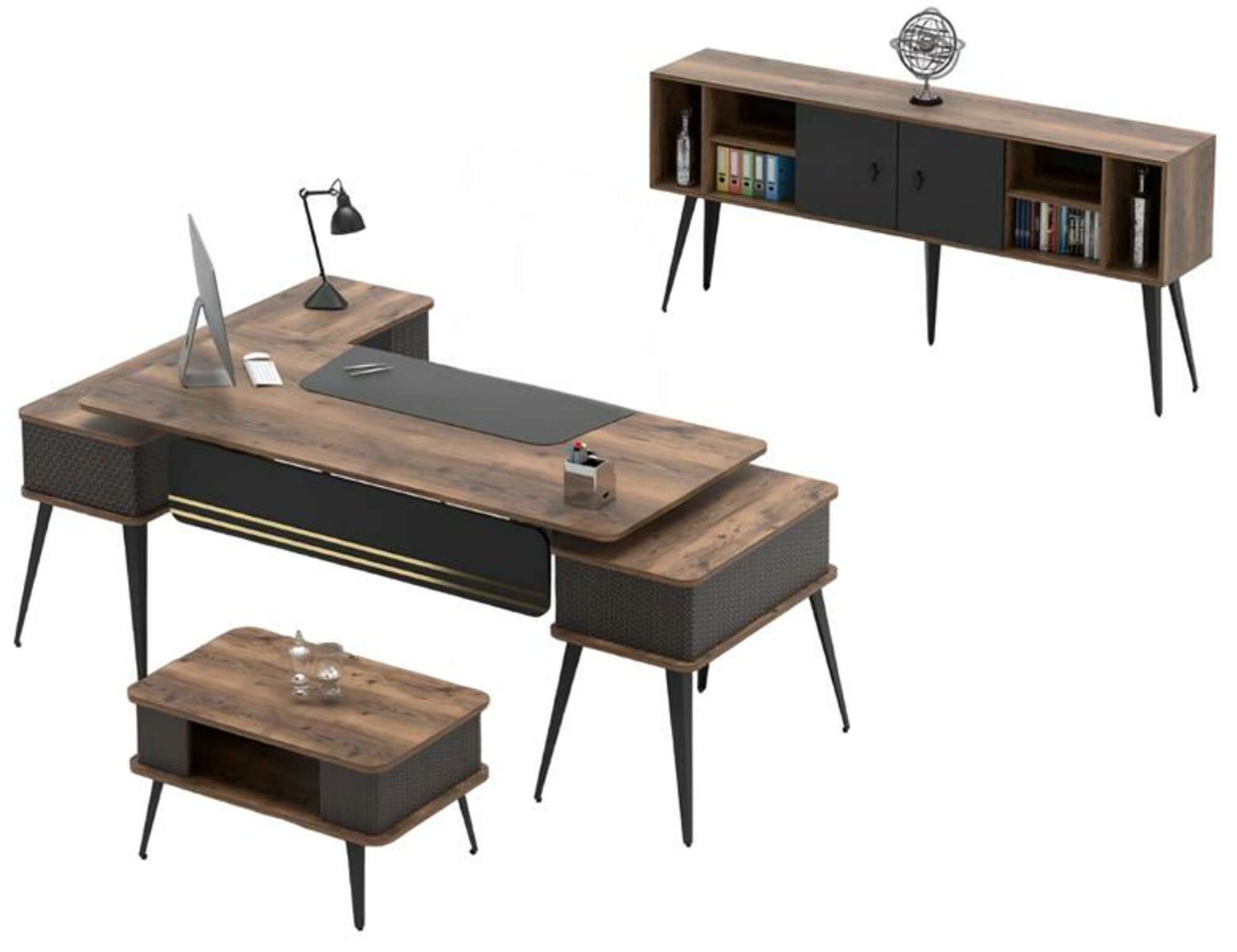 Arbeitszimmer Set Couchtisch Tisch Sideboard Holzmöbel Büro Braun Schwarz