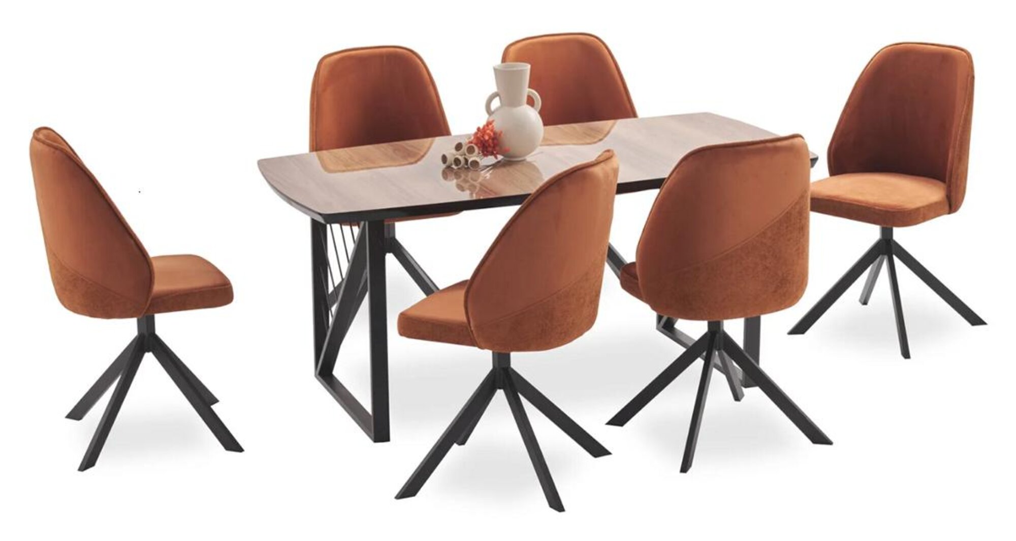 Stilvoll Esszimmer Set braun schwarz Holztischplatte gepolsterte Stühle