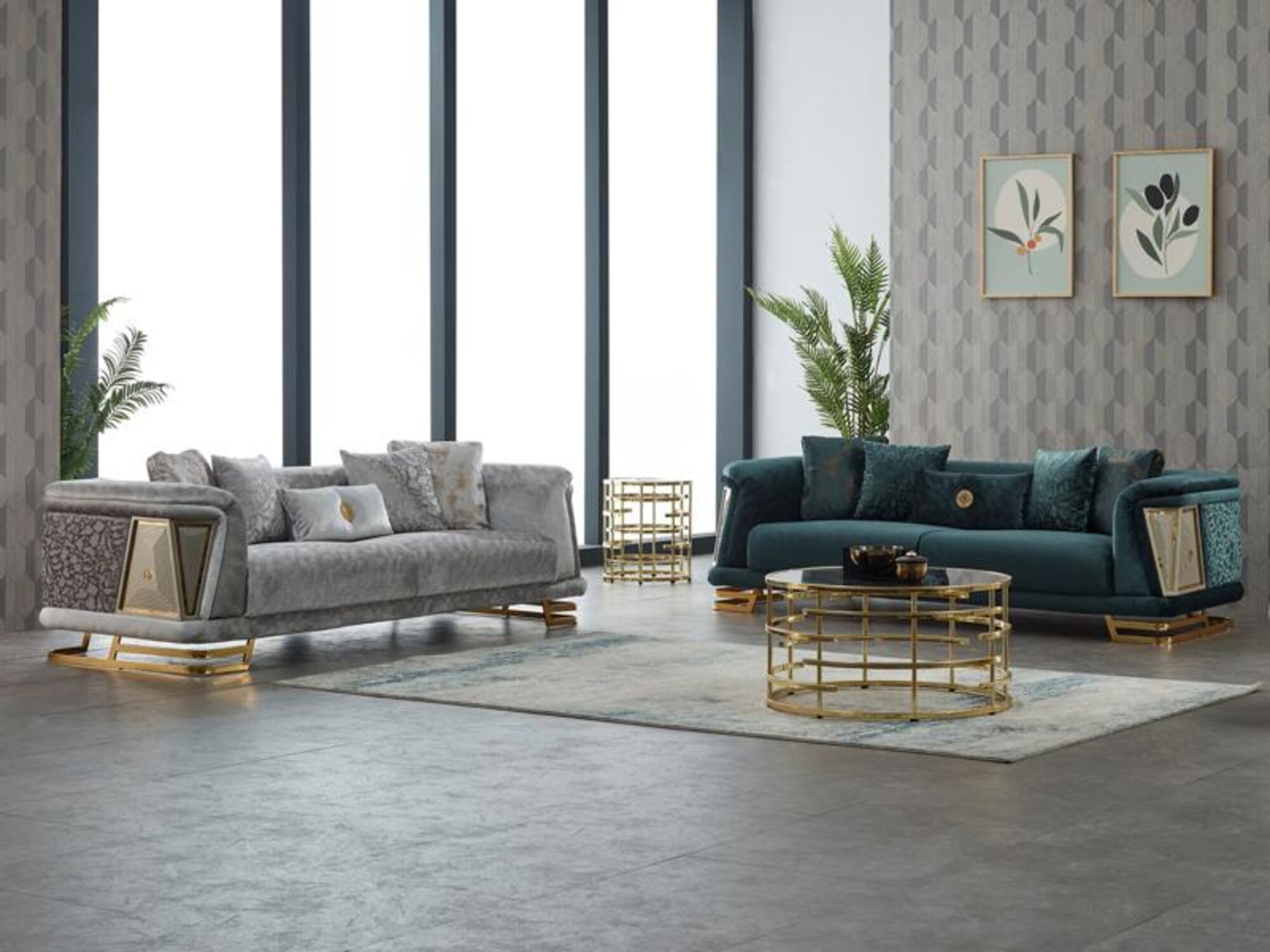 Komplette Couchgarnitur Polstersofa Dreisitzer Stoffsofa Grau Grün