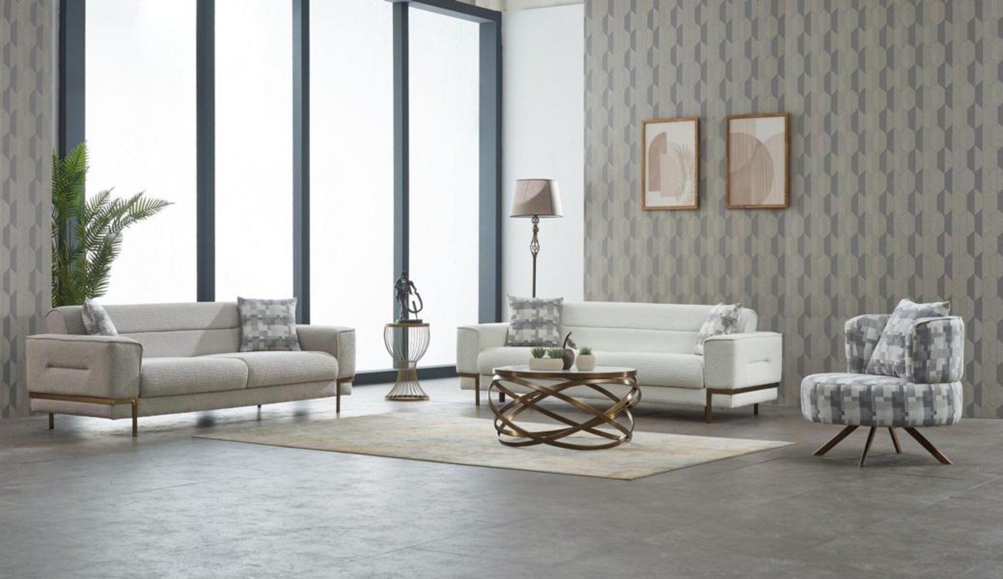 Garnitur Sofagarnitur Couch Polstersofa Dreisitzer Sessel Grau 3tlg