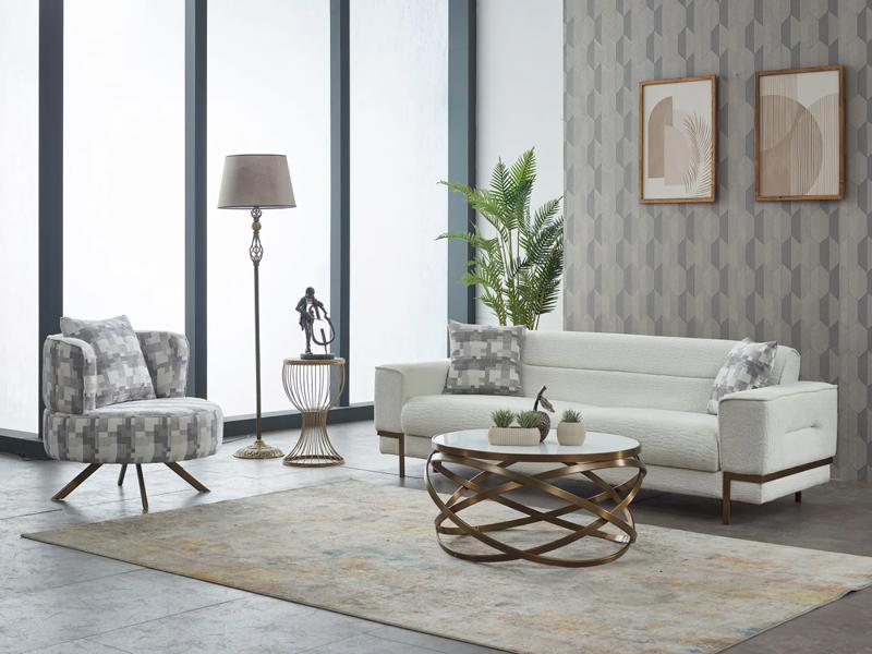 Komplette Couchgarnitur Dreisitzer Stoff Polstersofa Weiß Sessel 2tlg