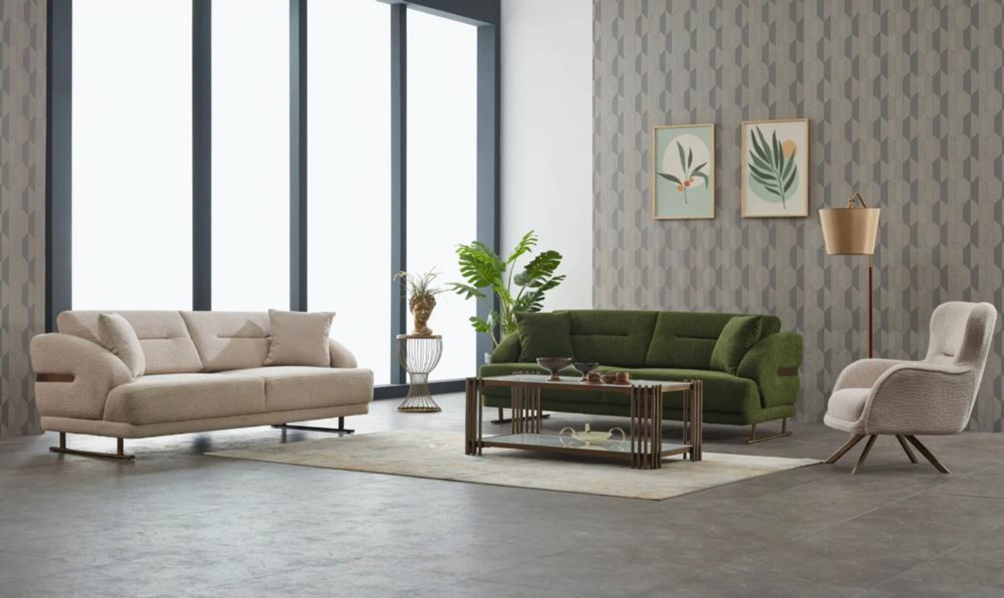 Komplette Couchgarnitur Polstersofa Dreisitzer Sessel Grün Stoffsofa