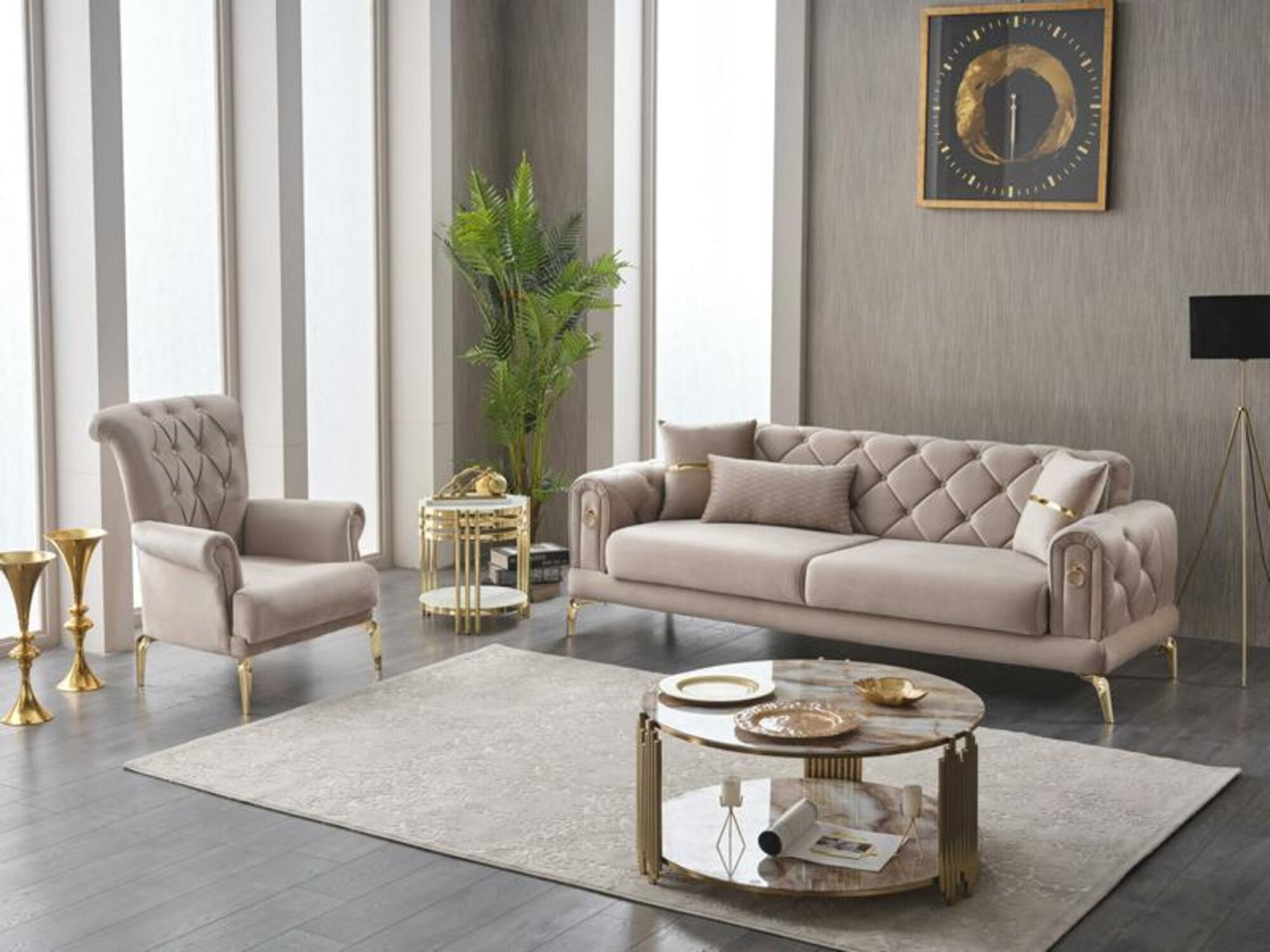 Garnitur Polstersofa Dreisitzer 2tlg Stoffsofa Sessel Beige Sofa Luxus