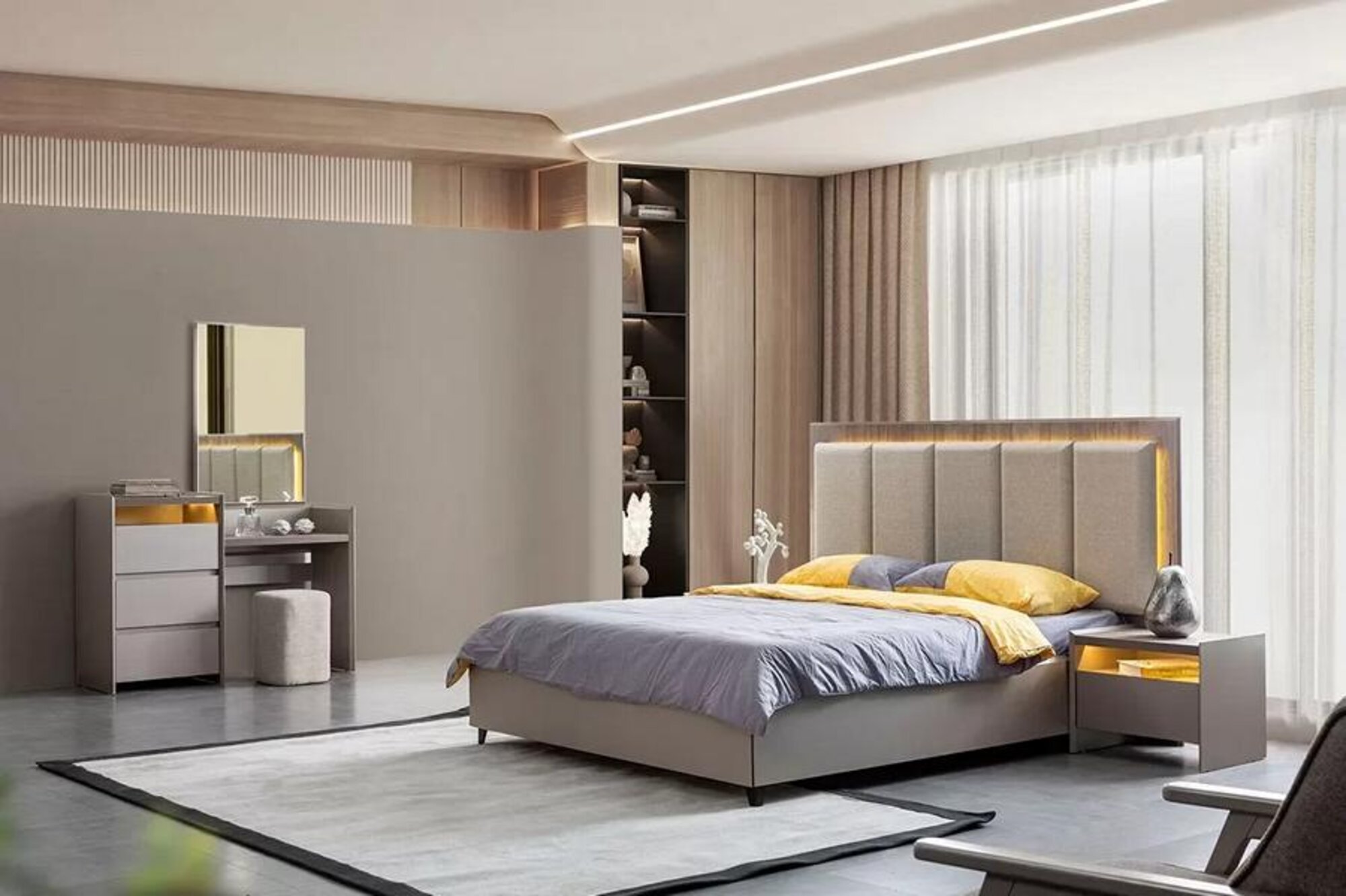 Graues Schlafzimmer Set Bett mit 2x Nachttische & Stilvoller Schminktisch