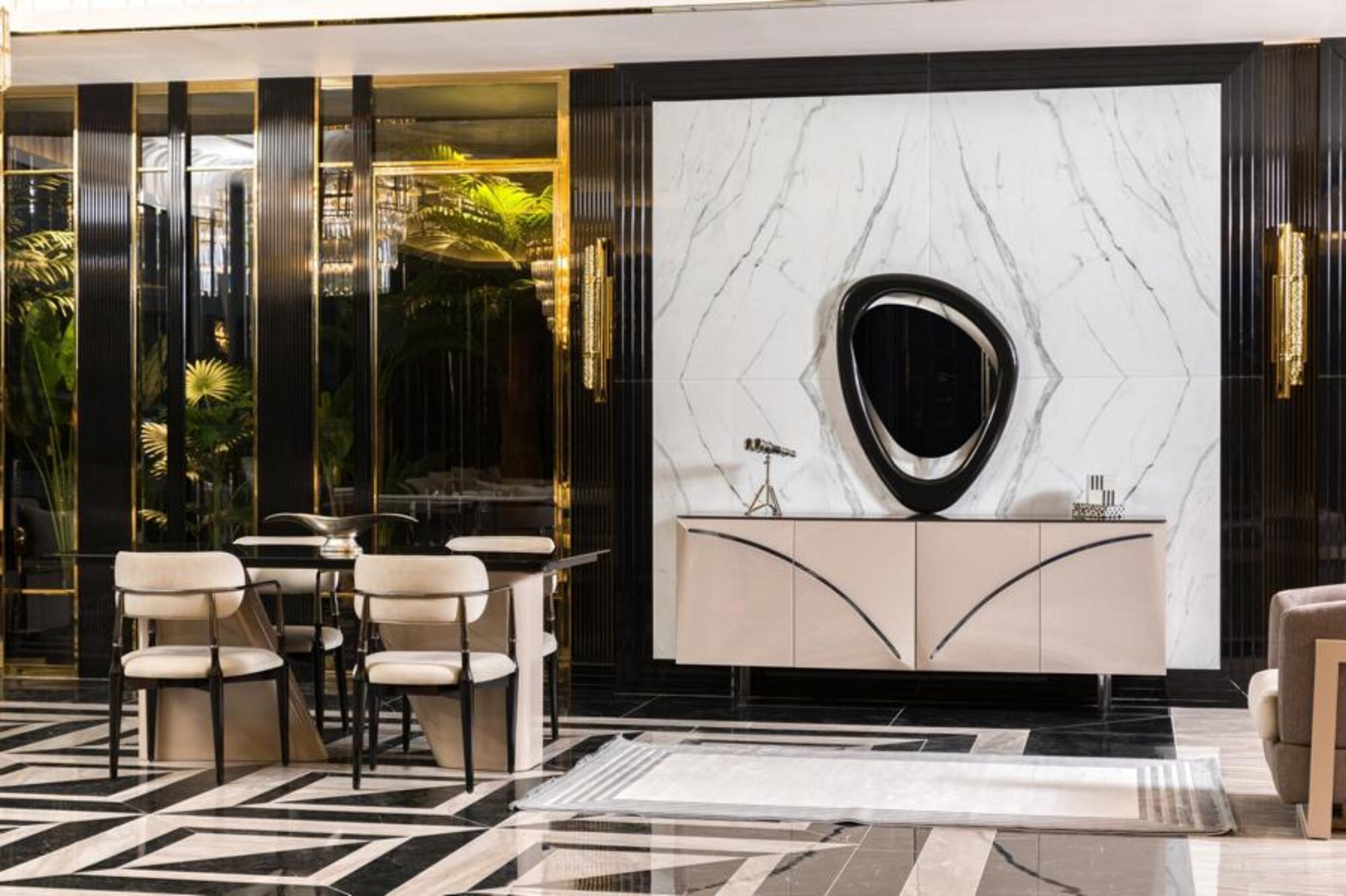 Esszimmer Set Beige Garnitur Tisch 4x Stühle Design Sideboard Modern Möbel 6tlg