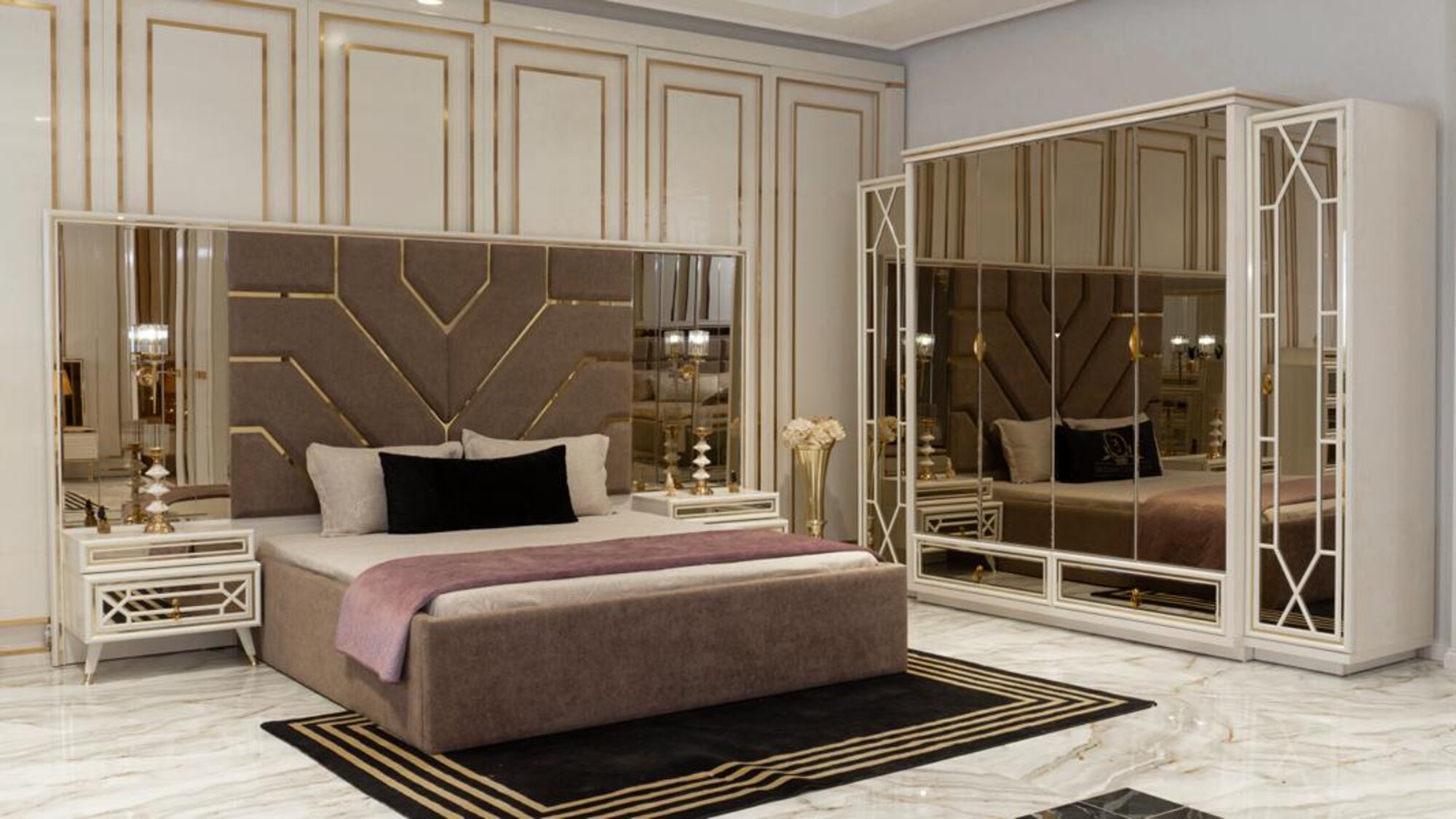 Bett 2x Nachttische Kleiderschrank Verspiegelt Luxus Schlafzimmer Möbel 4tlg