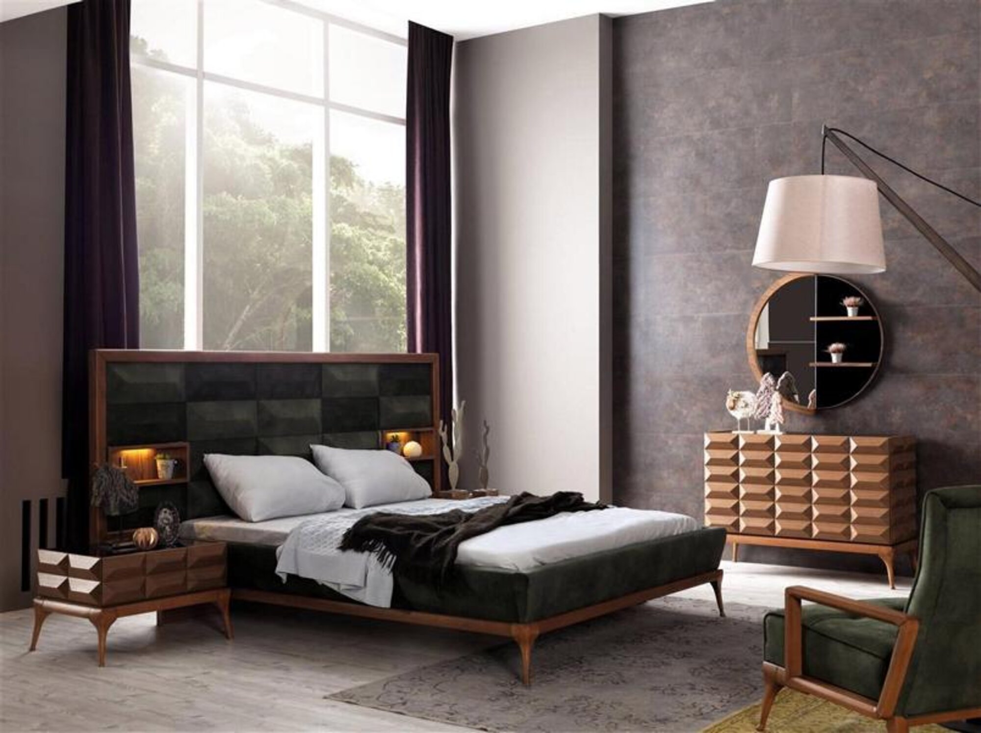 Schlafzimmer Komplett Polsterbett LED Nachttische Kommode Spiegel Grün