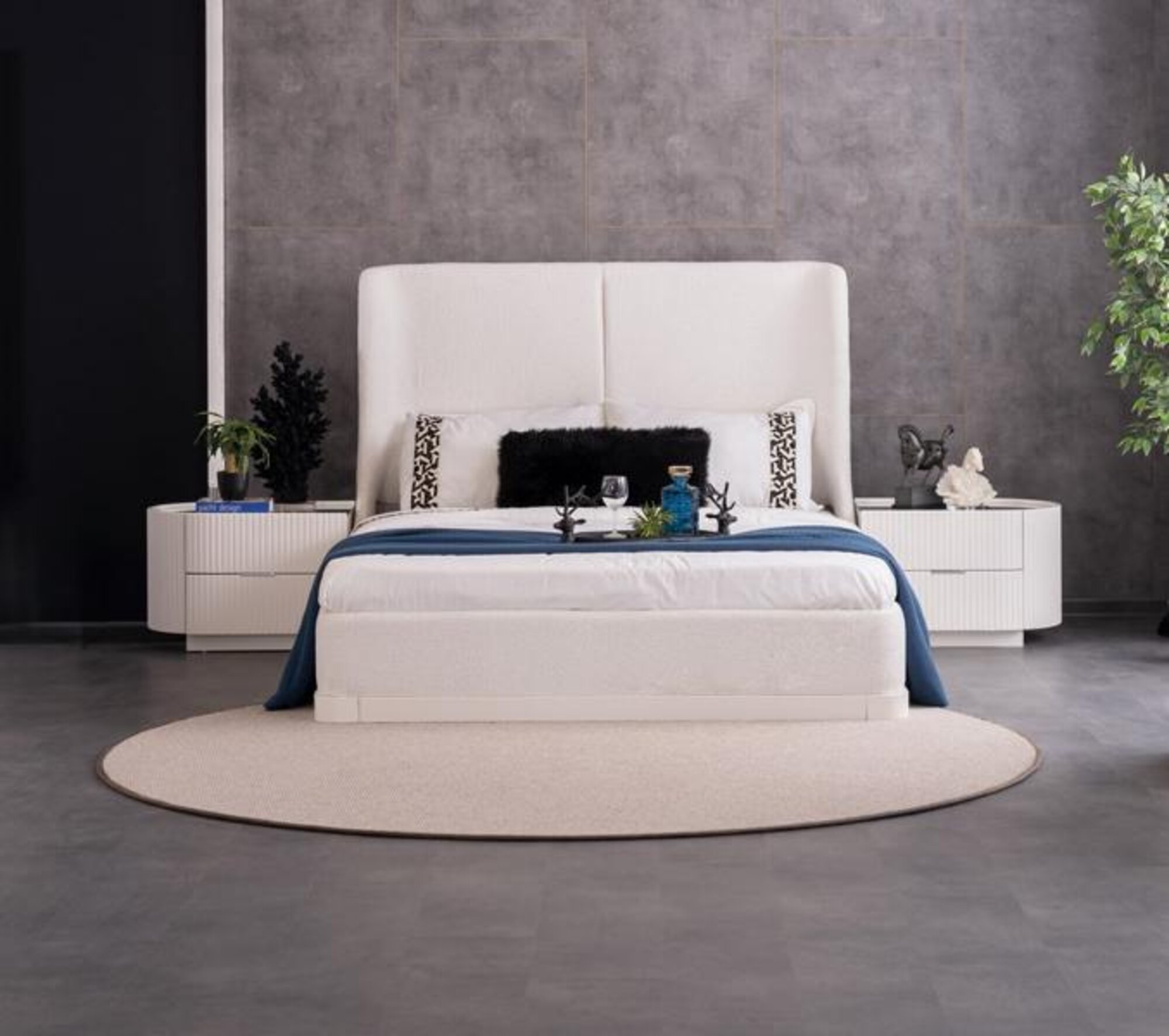 Schlafzimmergarnitur Polsterbett mit 2x Nachttische Weiß Schlafzimmer