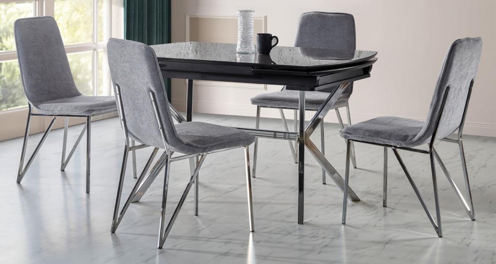 Esszimmer Set Grau Garnitur Tisch 4x Stühle Design Modern Möbel Luxus Esstisch