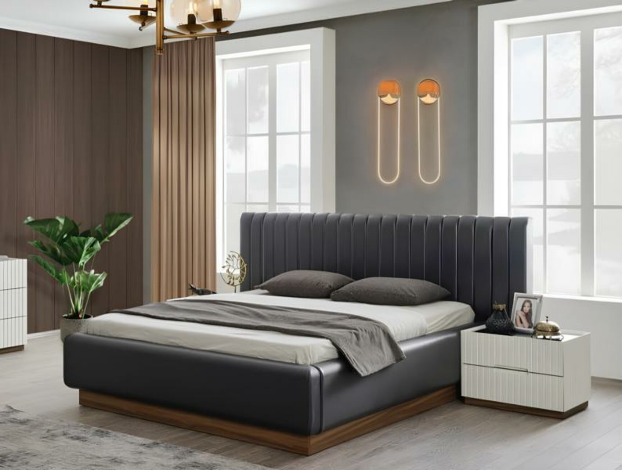 Exklusive Grau-Weiße Schlafzimmer Garnitur Polsterbett 2x Nachttische