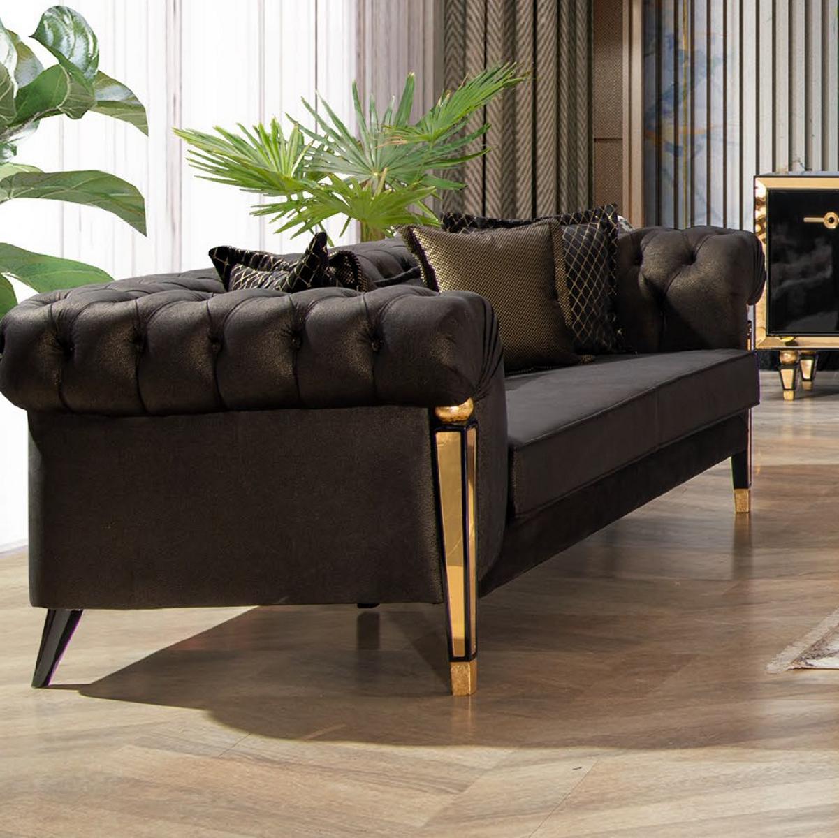 Designer Chesterfield 3-Sitzer Schwarzes Polstersofa Luxus Textilcouch