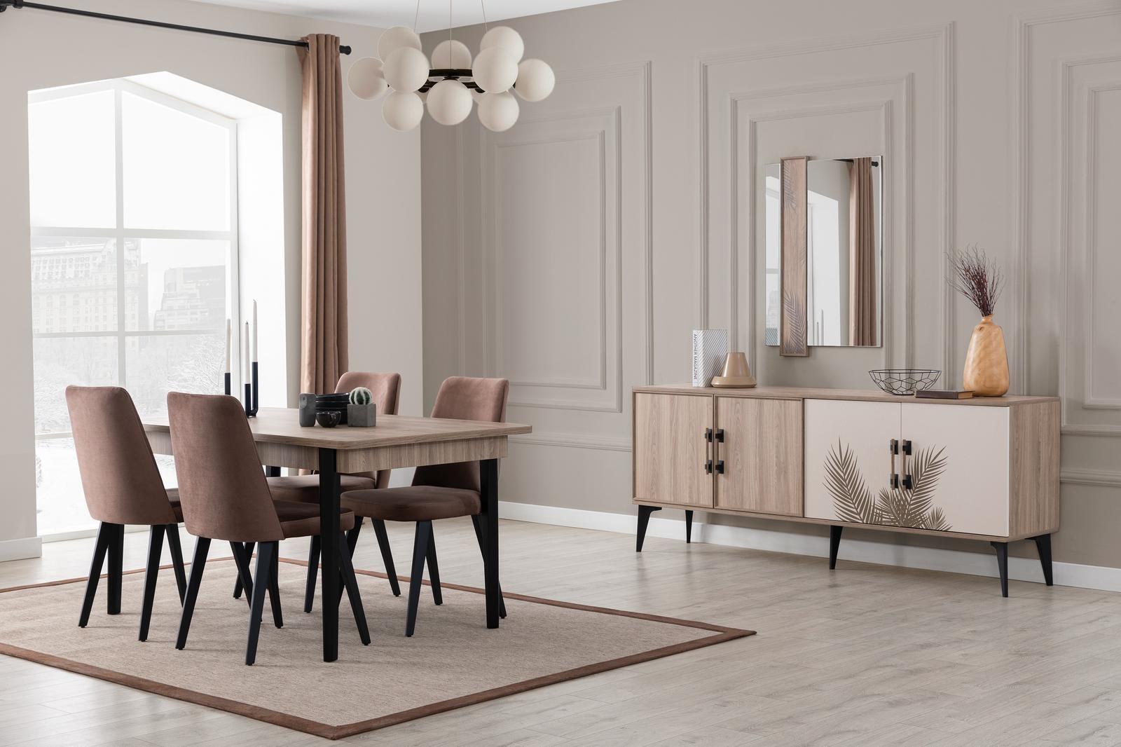 Braune Esszimmer Garnitur Luxus Esstisch 4x Stühle Sideboard Spiegel