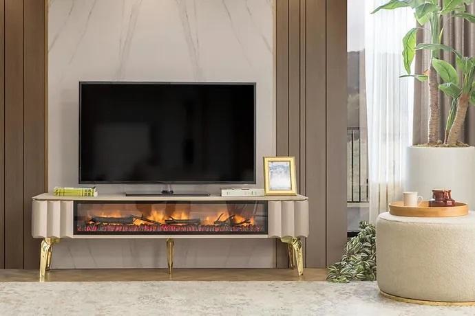 Sideboard RTV Wohnzimmer Luxusmöbel Kamin Beige MDF Metall Lowboard