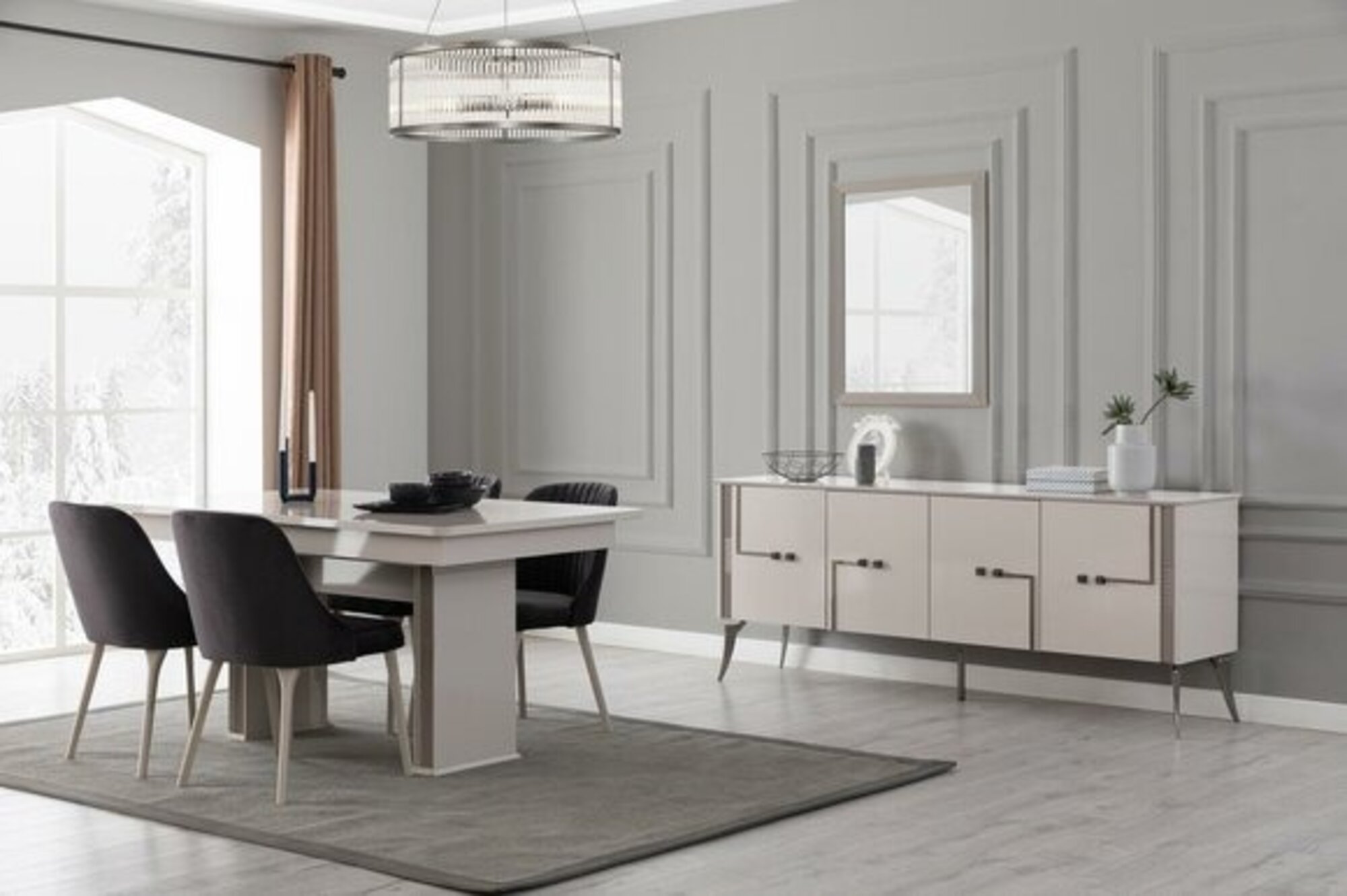 Altweiße Esszimmer Garnitur Großer Esstisch 4x Textil Stühle Sideboard