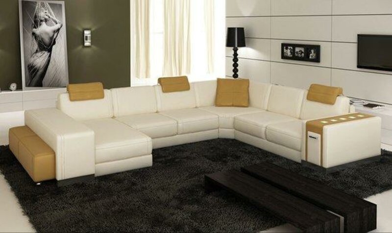 Ecksofa Sofa Couch Polster Leder Garnitur Wohnlandschaft Ecke Wohn Beige PH3004