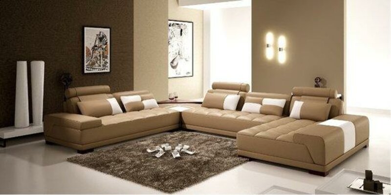 Ecksofa Sofa Couch Polster Leder Garnitur Wohnlandschaft Beige Ecke Wohn