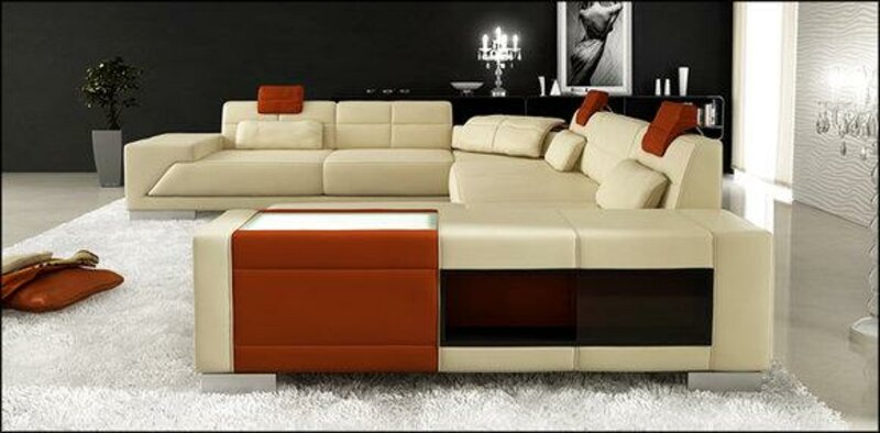 Ecksofa Sofa Couch Polster Leder Beige Garnitur Wohnlandschaft Ecke Wohn