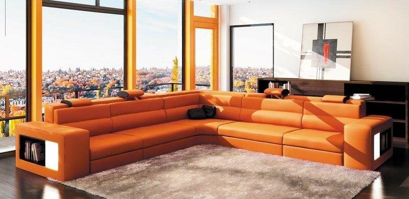 Ecksofa Sofa Couch Polster Leder Garnitur Wohn Weiden Orange Wohnlandschaft Ecke