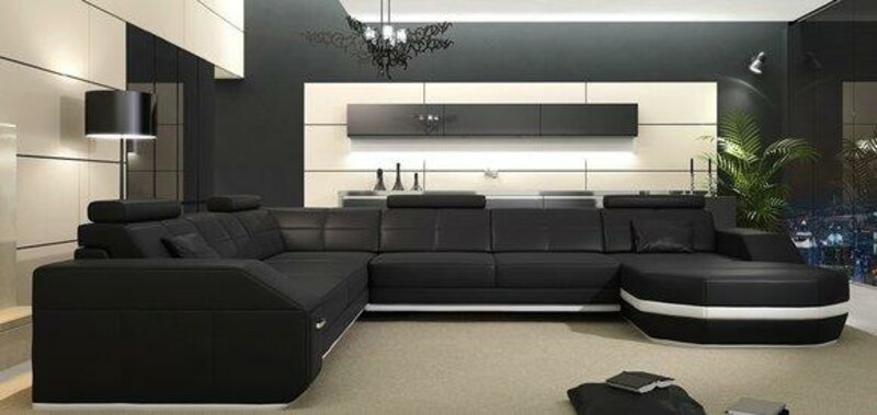 Ecksofa Sofa Couch Polster Leder Garnitur Wohnlandschaft Ecke Schwarz Wohn