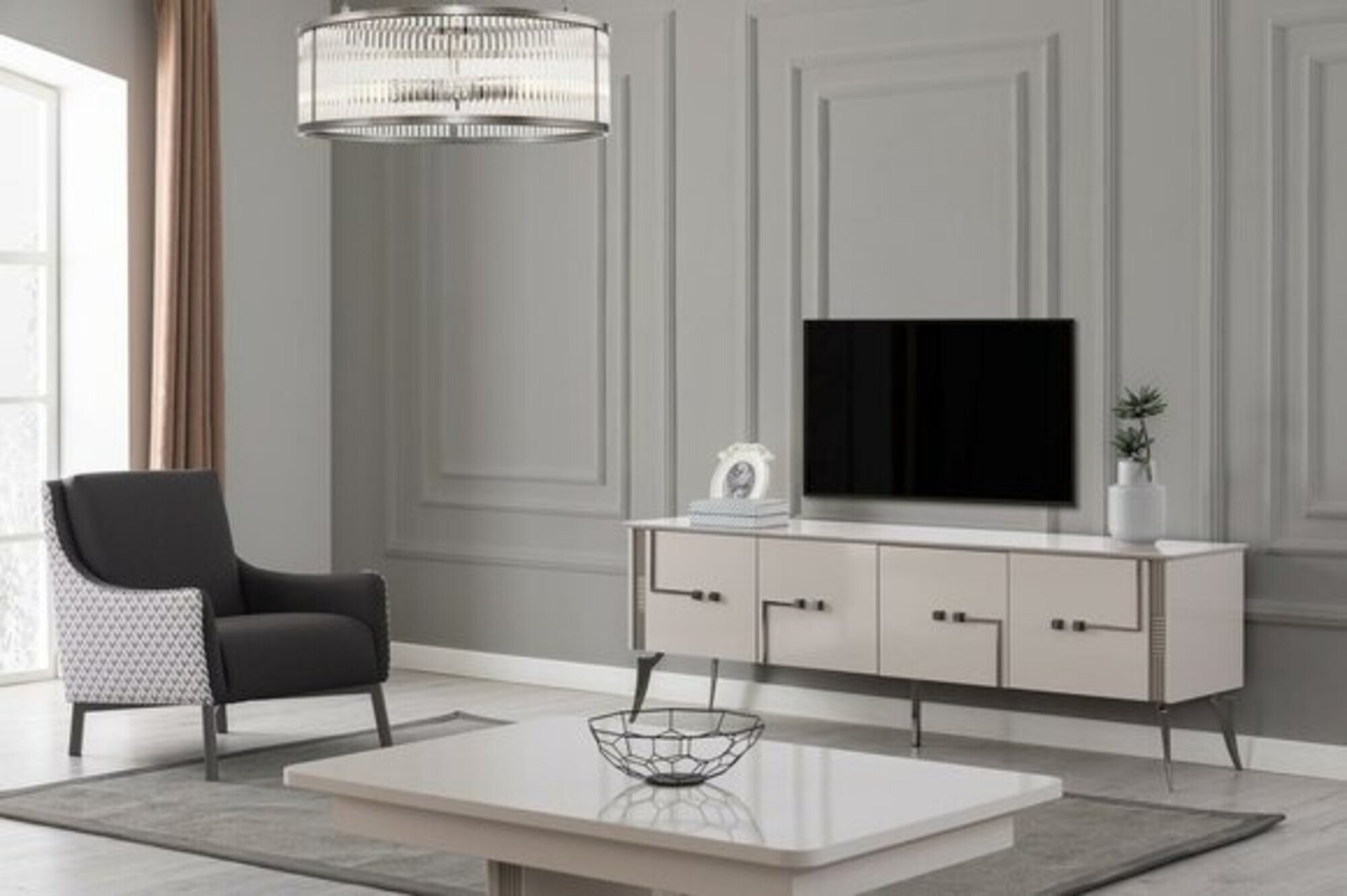 Beiger TV-Schrank Designer Couchtisch Luxus Wohnzimmer Möbel Holz 2tlg