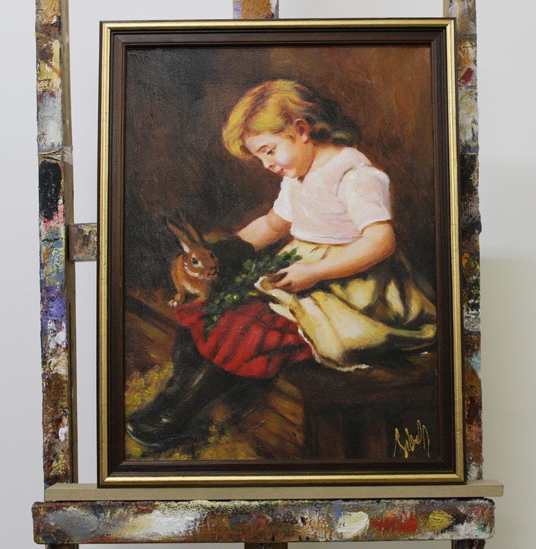 Mädchen mit Kaninchen Malerei Leinwand Handarbeit Rahmen Öl Gemälde