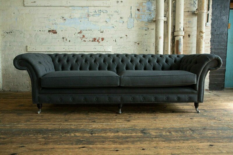 Original Chesterfield Textil Leder Sofa Couch Polster Big Sitzpolster Grau 265cm