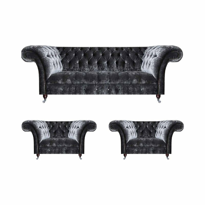 Edle Graue Chesterfield Polstersofas Moderner 3-Sitzer 2x Textilsessel