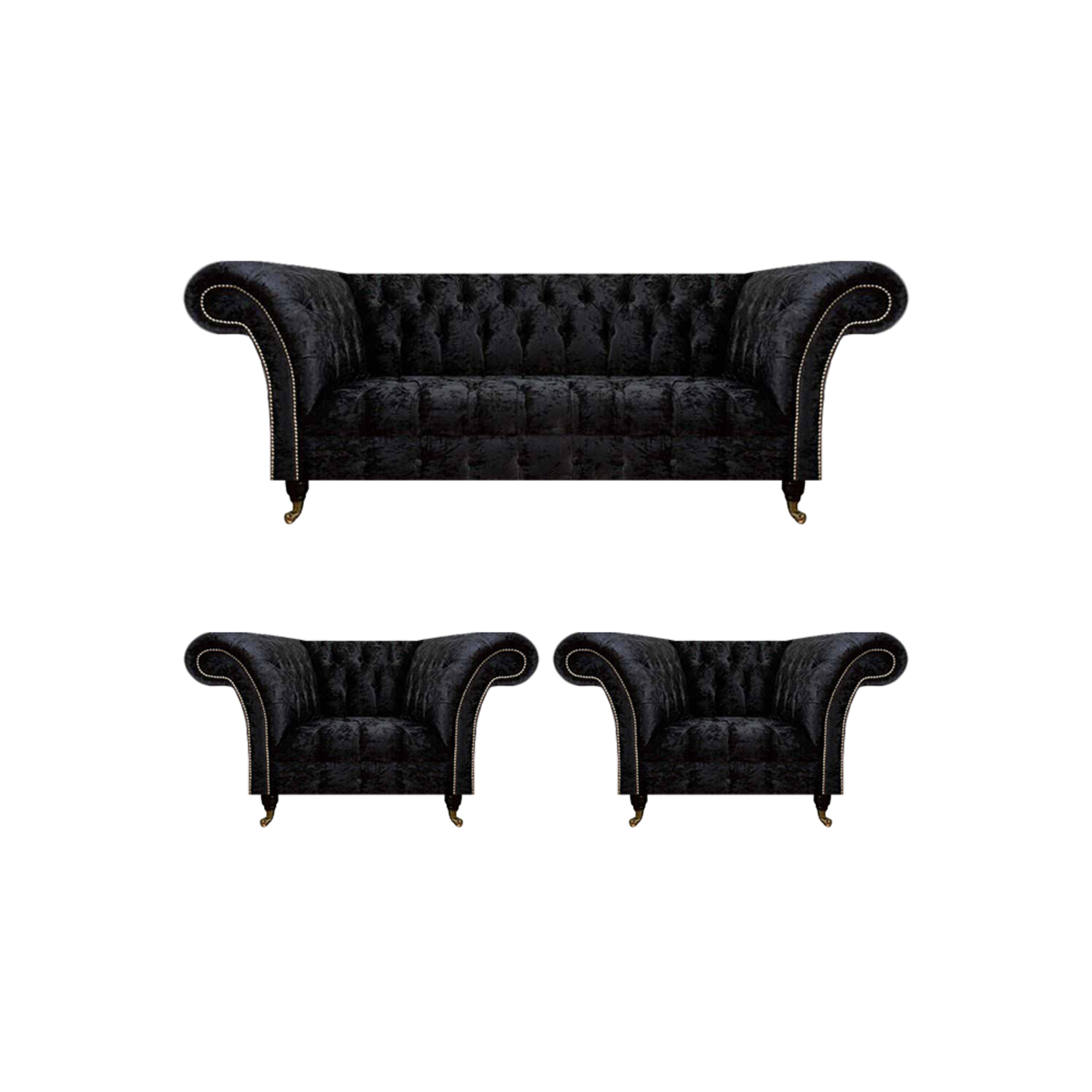 Designer Schwarze Chesterfield Garnitur Edle Lehnsessel Polster 3-Sitzer