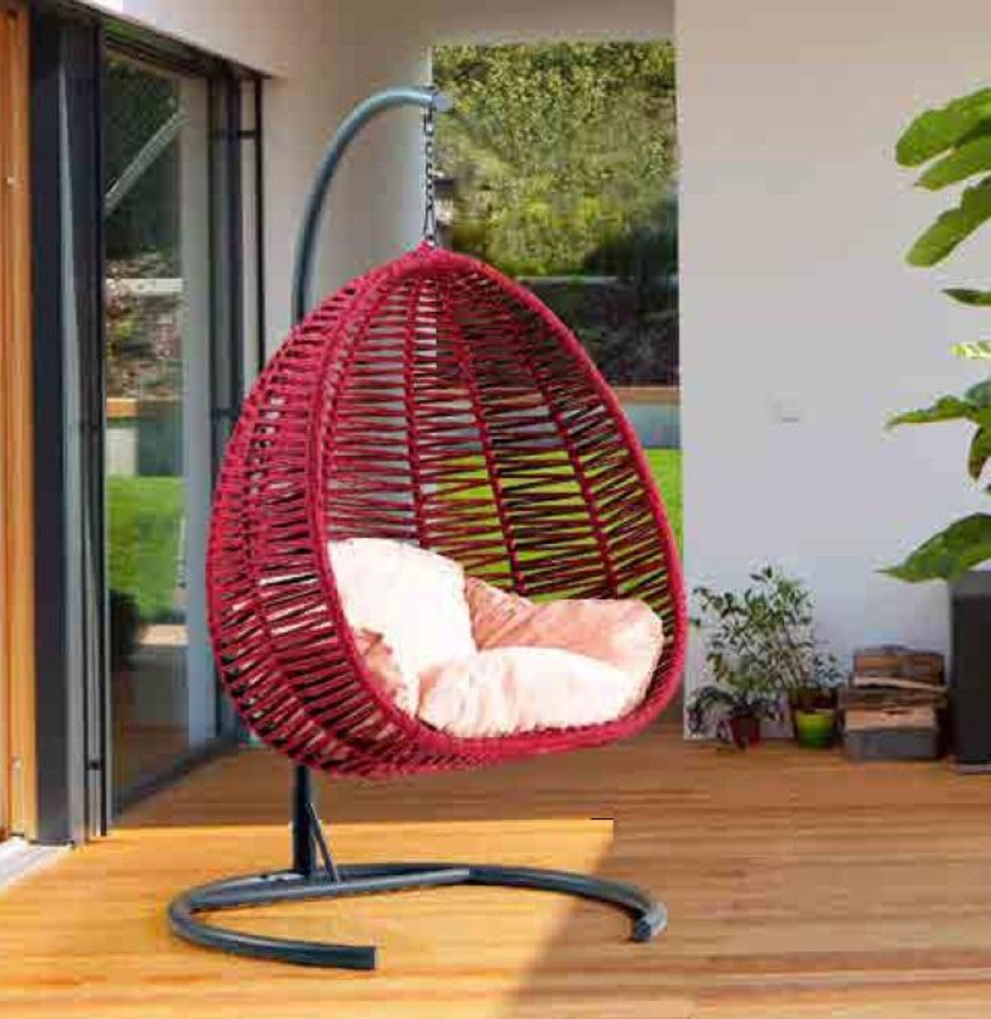 Schalensessel oval Rattan in rot Edelstahl für komfortable Entspannung Neu