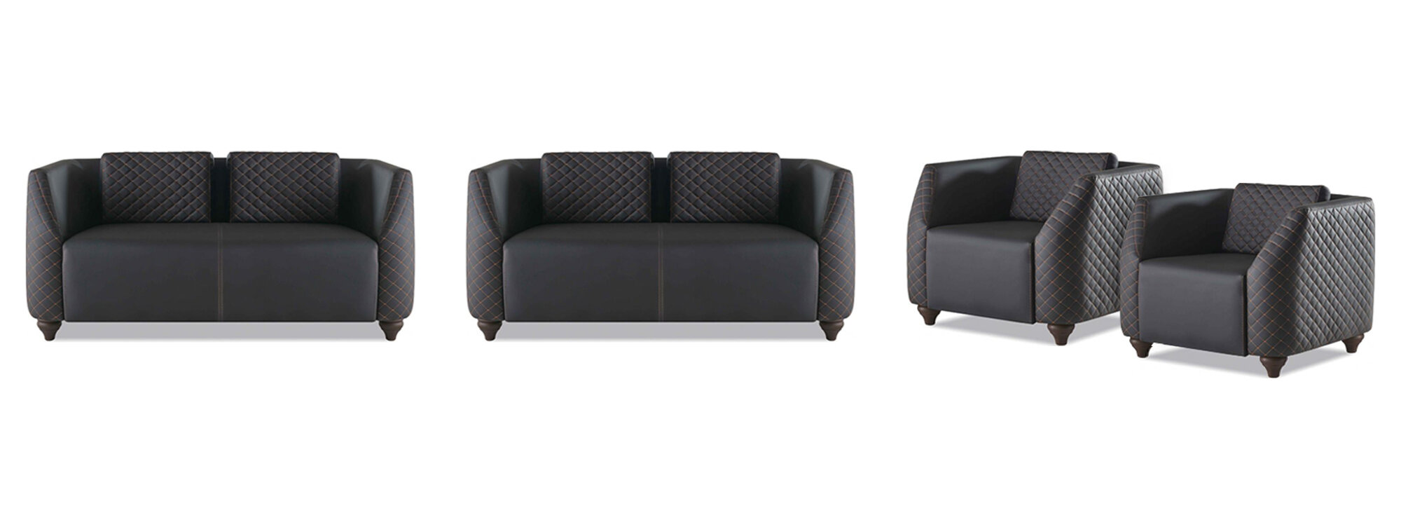 Sofa-Set Ledersofas 2-Sitzer 2x Sessel Schwarz Sitzmöbel Modern Lehnsessel