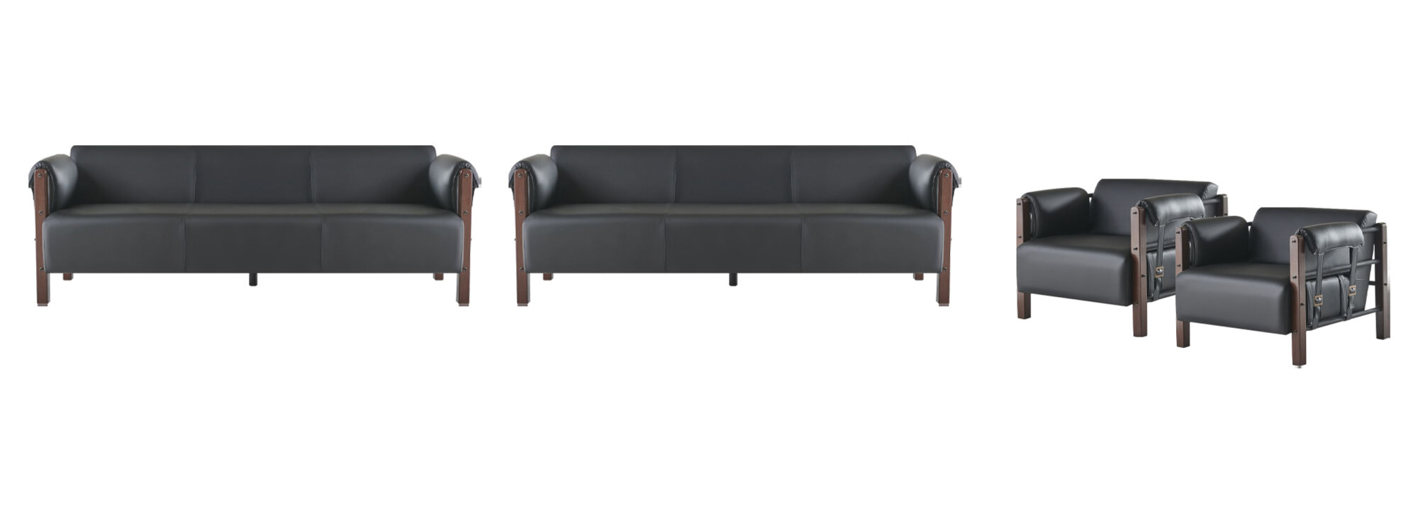 Couch Sofas Sitzmöbel Holz 3-Sitzer 2x Sessel Schwarz Ledesofa 4tlg.