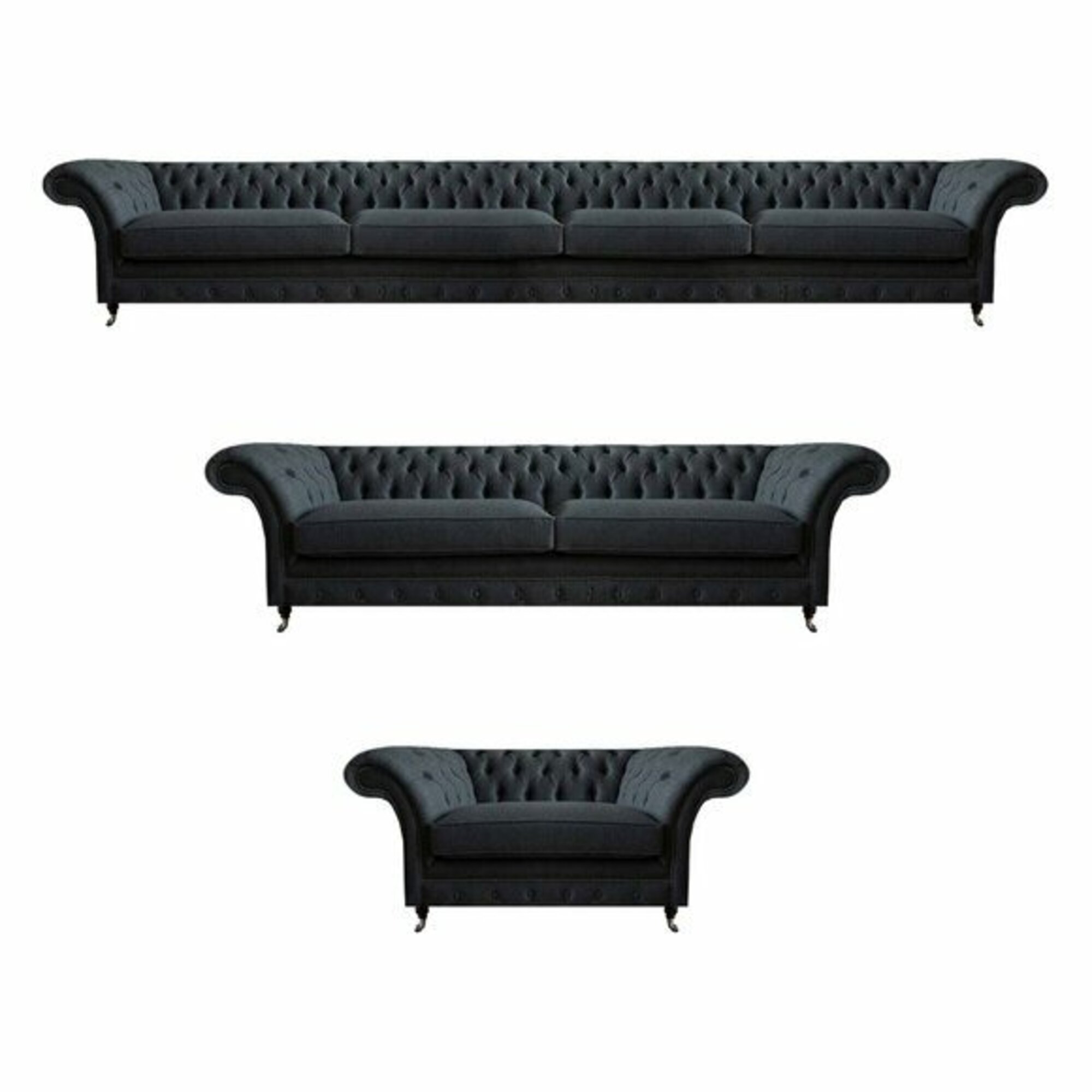 Schicke Chesterfield Sofagarnitur Dunkelgrauer 4-Sitzer Zweisitzer Sessel