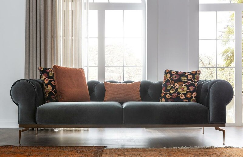 Chesterfield Dreisitzer Sofa 3 Sitzer Stoffsofa Sofas Blau Stoff Couch