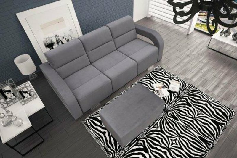 Schlafsofa Klappcouch 3-Sitzer Schlaffunktion + Bettkasten Couch Silber Sofa