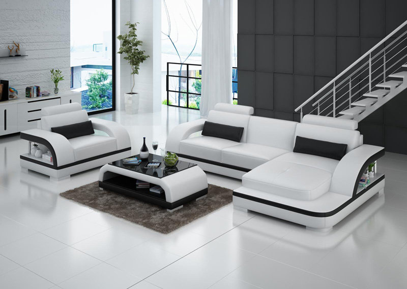 Ledersofa Couch Wohnlandschaft Ecksofa + 1Sitzer Garnitur Modern Sofa G8011E