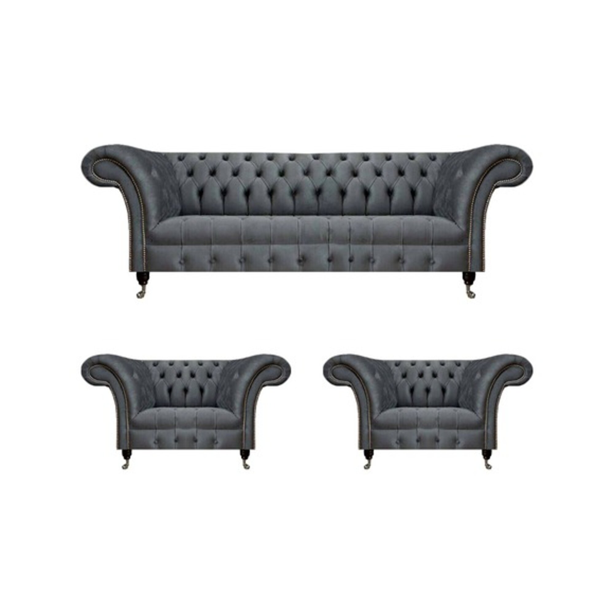 Graue Garnitur Chesterfield Sitzmöbel Designer Couch 2x Polstersessel