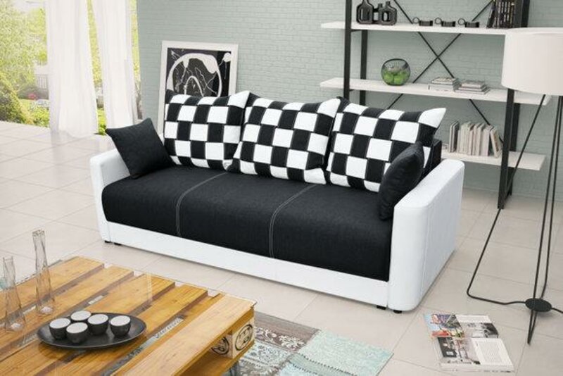 Schlafsofa Klappcouch 3-Sitzer Schlaffunktion + Bettkasten Weiß Schwarz Sofa
