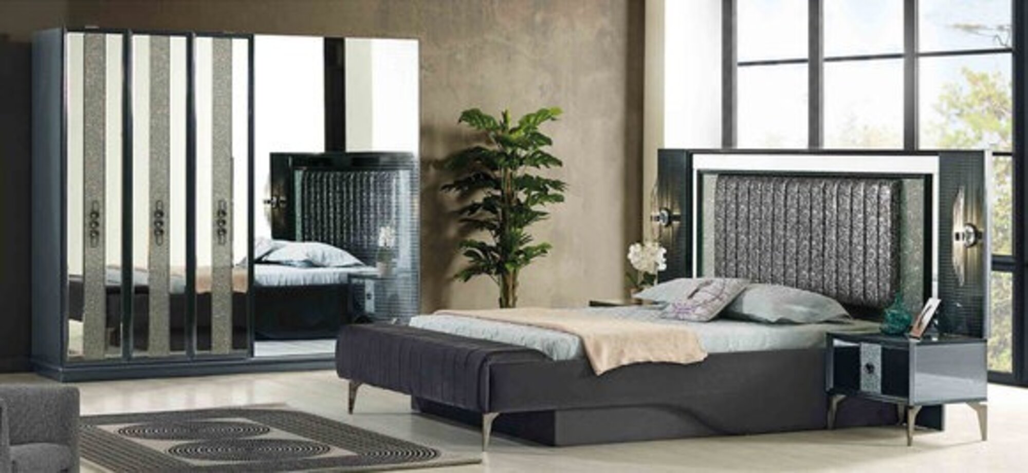 Graues Schlafzimmer Doppelbett Designer Bettrahmen Luxus Textil Möbel