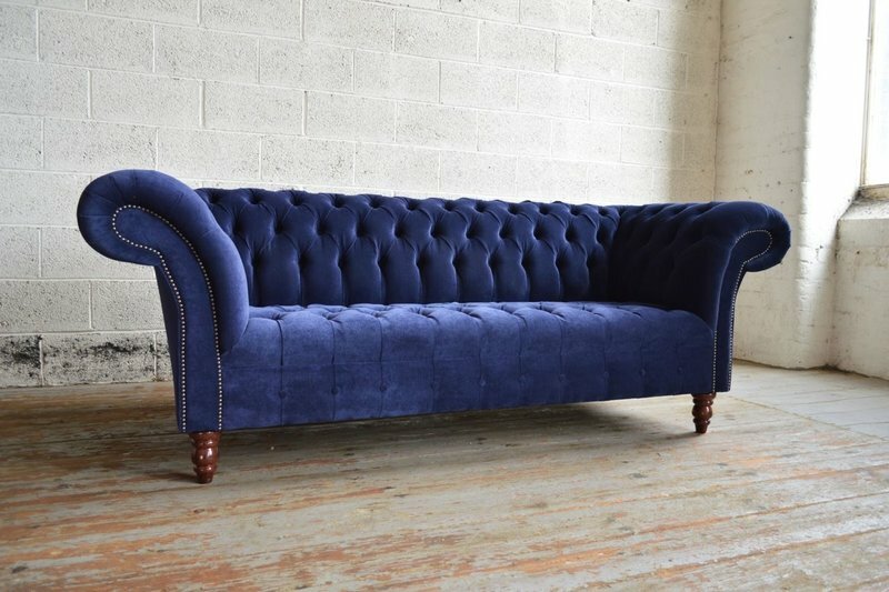 Chesterfield 3 Sitzer XXL Polster Blau Sitz Couch Sofa Garnitur Velvet Couchen