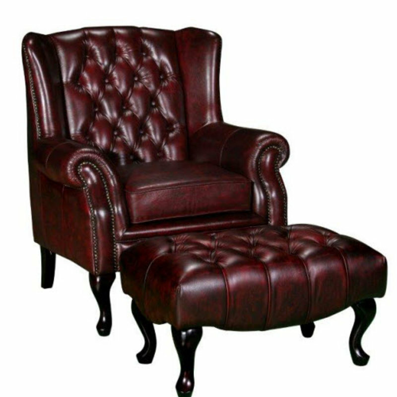 Chesterfield Ohrensessel + Hocker Sessel Couch Polster Set Leder