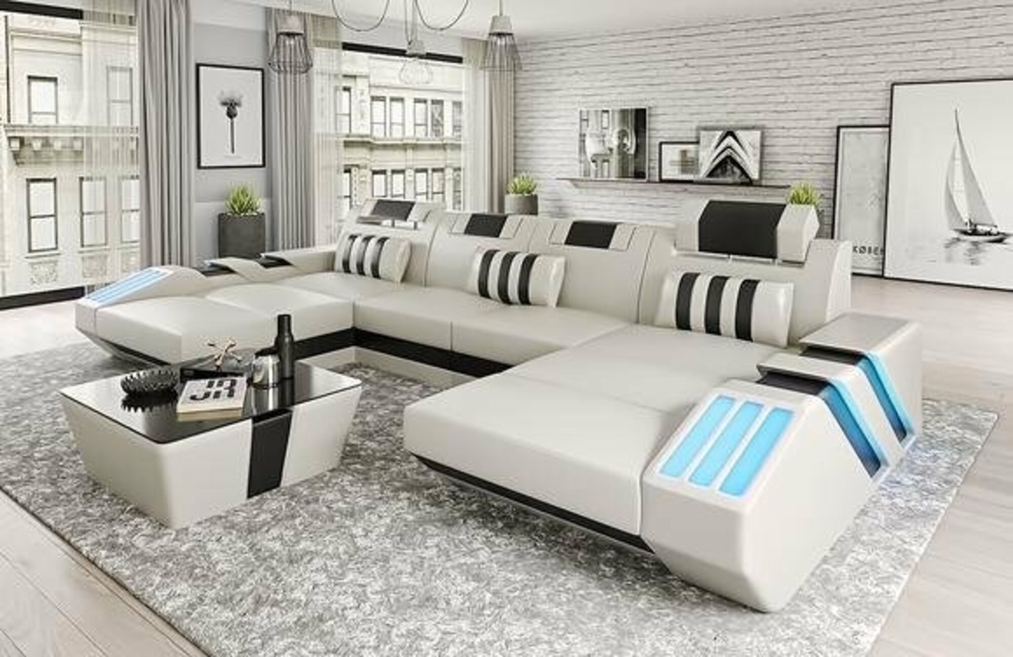 Wohnlandschaft Ledersofa Couch Polster Ecksofa Modern Beleuchtung Sofa Weiß XXL