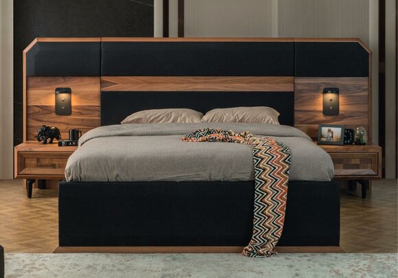 Braun-Schwarze Holz Schlafzimmer Garnitur Doppelbett 2x Nachttische 3tlg