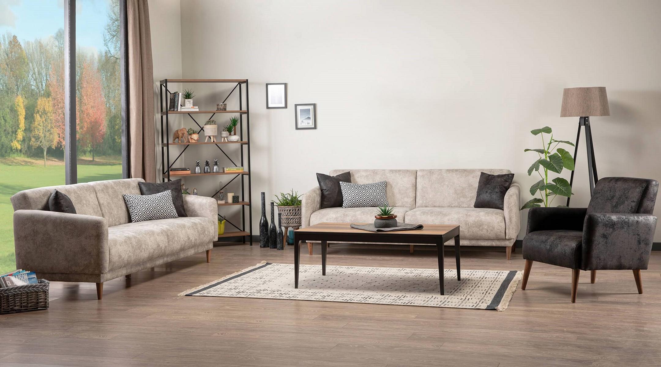 Wohnzimmer Set 2x Sofa 3 Sitzer Couchtisch Bücherregal Sessel Beige Grau