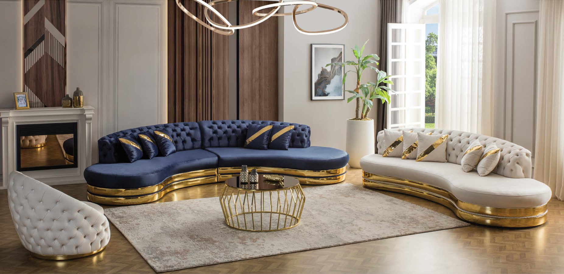 Chesterfield Sofas Halbrunde Edelstahl Couchen 4+3 Sitzer 3tög